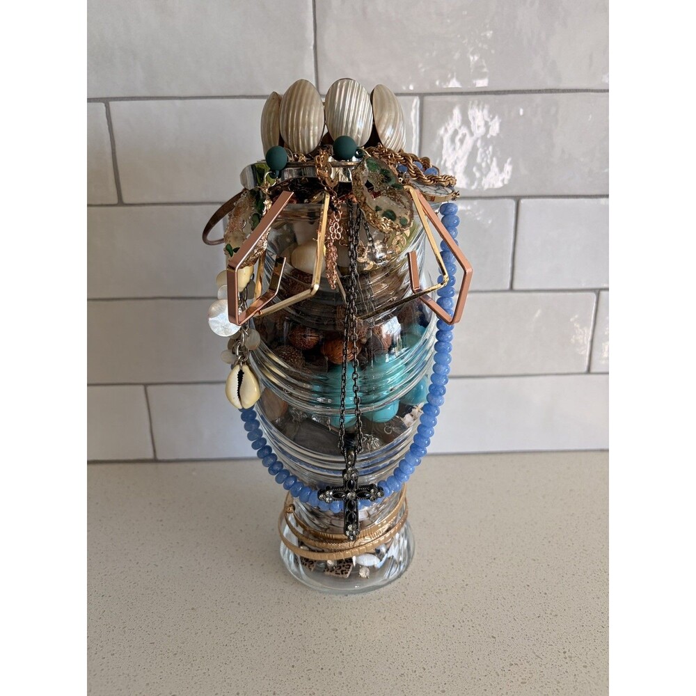 VTG Native Boho Island Mystery Jewelry Jar Turquoise Silver Tone Bead necklace
